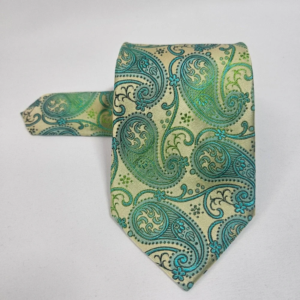 Paul Malone Palm Beach‎ Silk Paisley Necktie Mens Gold Green Blue Formal